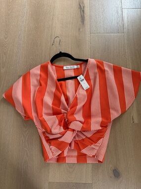 bishop + young Orange and White Striped Twist-Front Crop Top